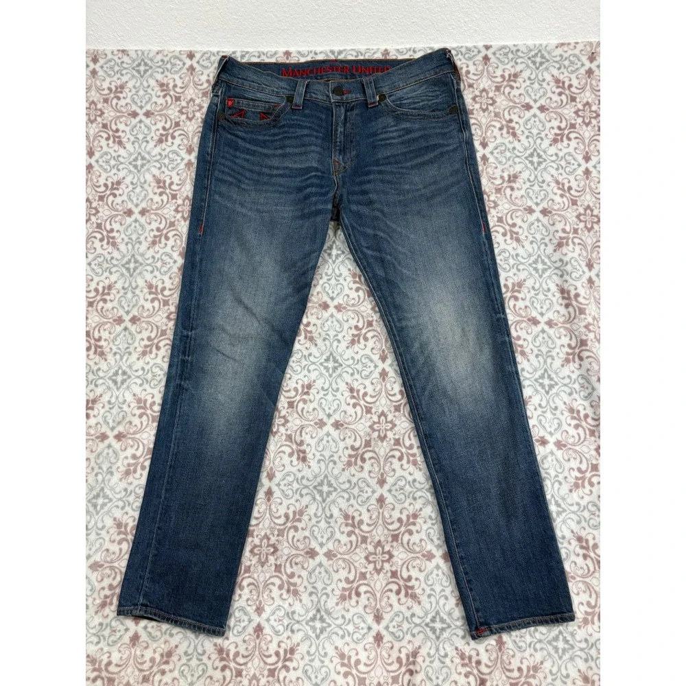 True Religion Manchester United Rocco Slim Fit Jeans Blue Red Stitch 34 102261S